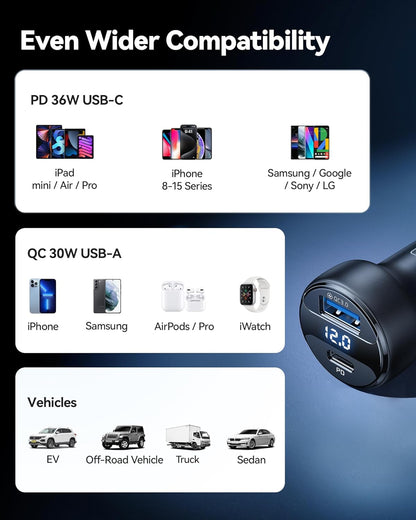 USB C Car Charger, 66W Total [USB C+USB A] Car Charger Adapter with PD & QC, Fast Charging All Metal Tiny Car Phone Charger for Iphone 16 14 13 12 11 Pro Samsung S21 Pixel Ipad Macbook Air Tablet